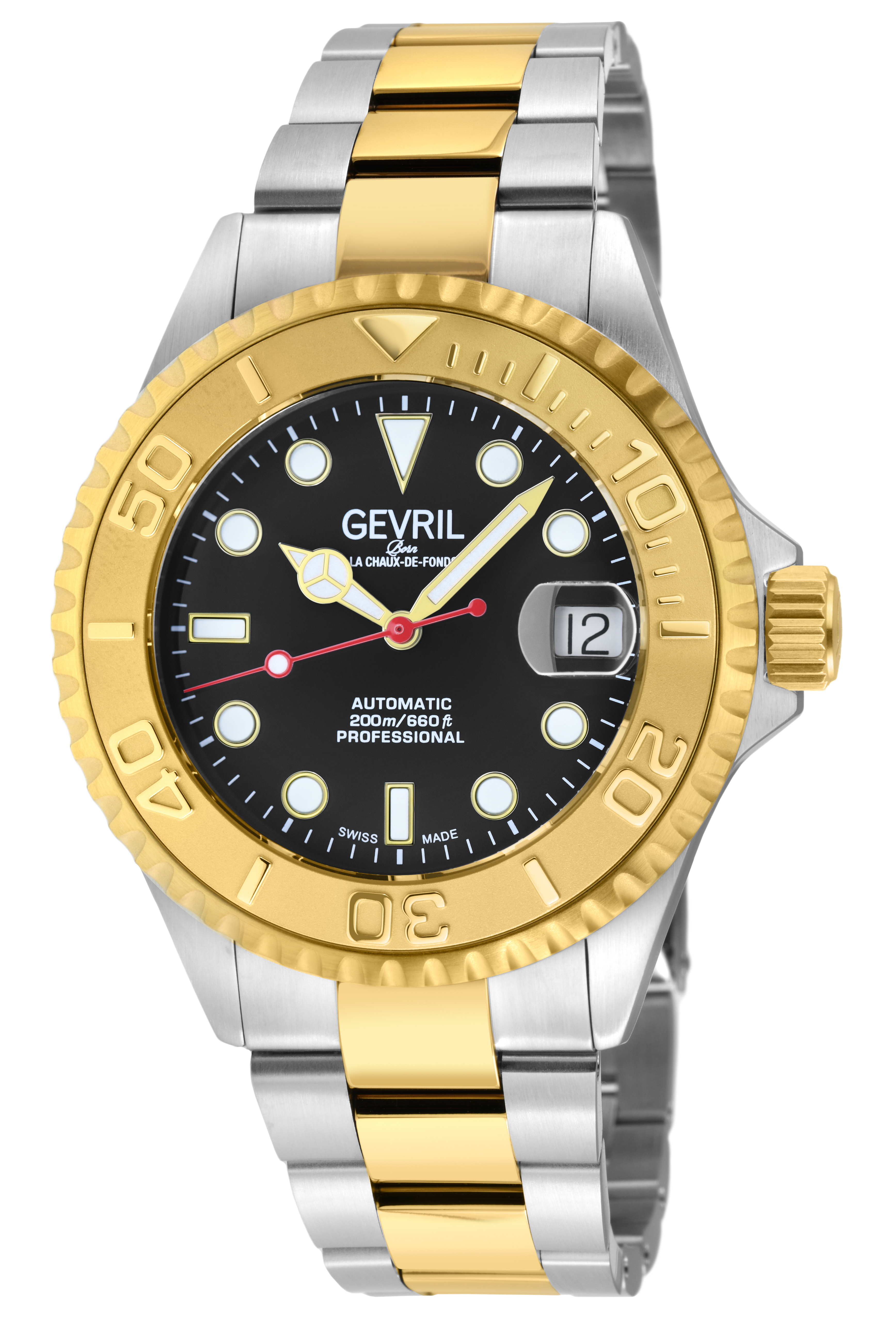 Gevril Mens Wall Street 4755B Swiss Automatic Sellita SW200 Black Dial Watch - Silver & Gold - One Size | Gevril Sale | Discount Designer Brands