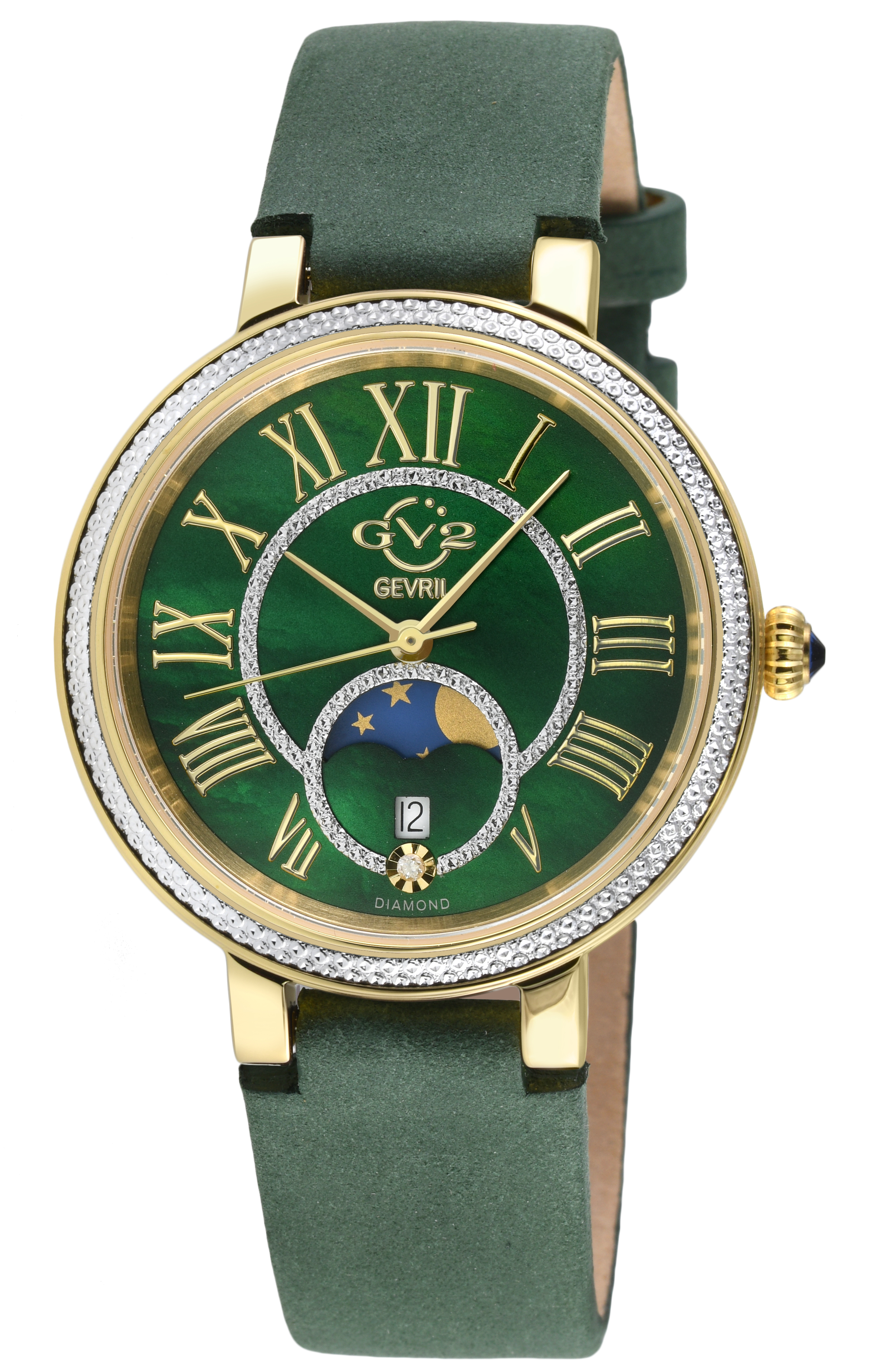 Gv2 Womens Genoa SS IP Gold Case, Green MOP Dial, Authentic Handmade Ion Suede Leather Strap - One Size | Gv2 Sale | Discount Designer Brands