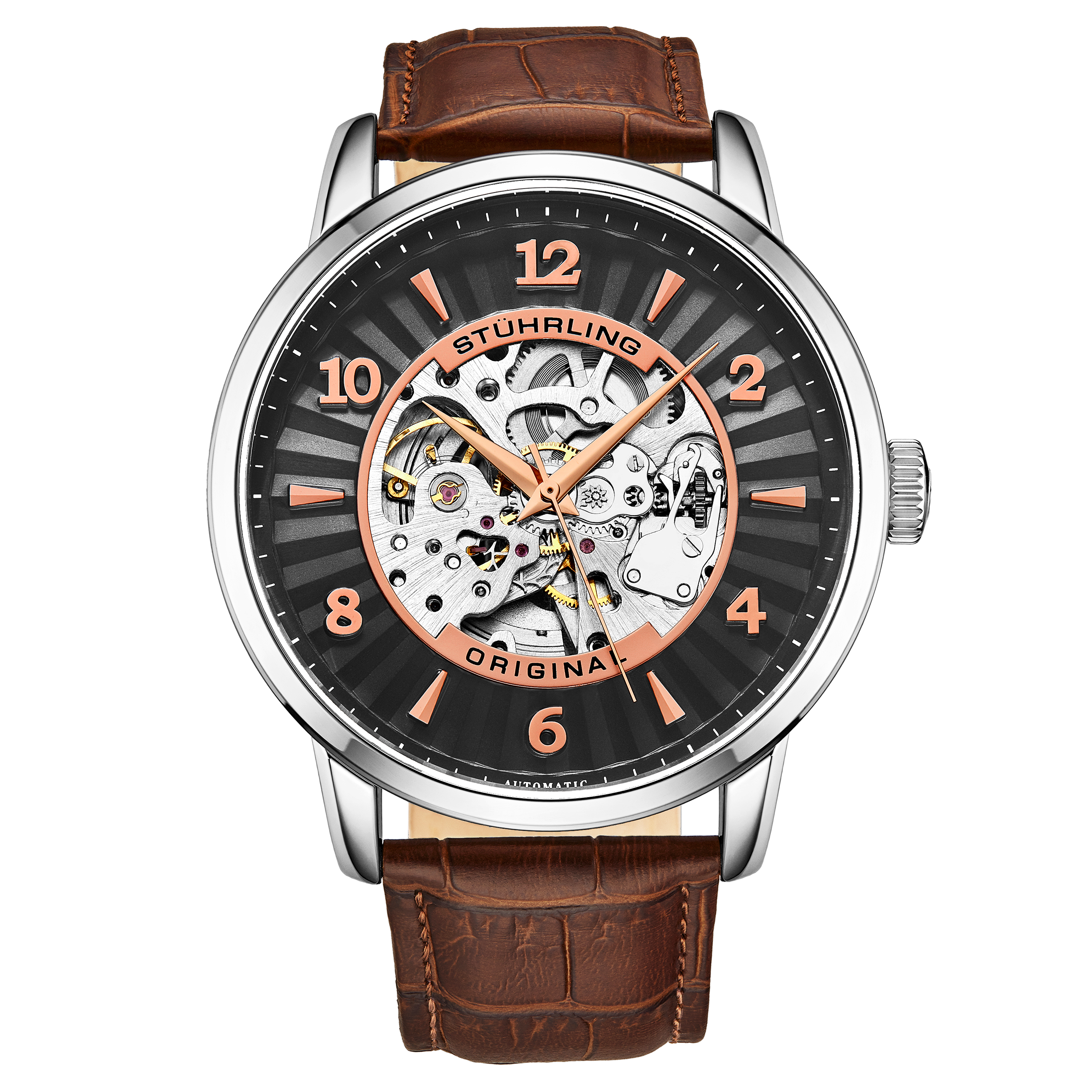 Stührling Mens Brown Automatic 48mm - Silver - One Size | Stührling Sale | Discount Designer Brands
