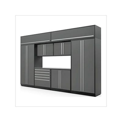 Proslat Garage Cabinets 9-Piece Glossy Grey Cabinet Set with Silver Handles and Stainless Steel Worktop