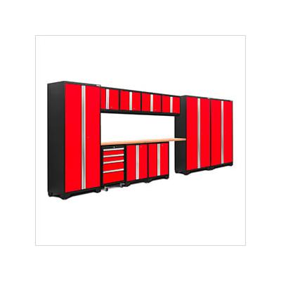 NewAge Garage Cabinets BOLD Series Red 12-Piece Set with Bamboo Top and LED Lights