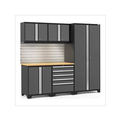 NewAge Garage Cabinets PRO Series Grey 6-Piece Set with Bamboo Top, Slatwall and LED Lights