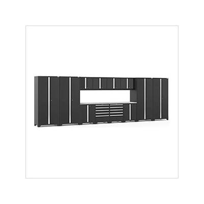 NewAge Garage Cabinets PRO Series Black 14-Piece Set with Stainless Steel Tops and LED Lights