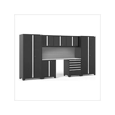 NewAge Garage Cabinets PRO Series Black 8-Piece Set with Stainless Steel Top and Slatwall