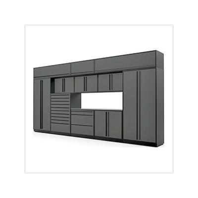 Proslat Garage Cabinets 12-Piece Glossy Grey Cabinet Set with Black Handles and Stainless Steel Worktop