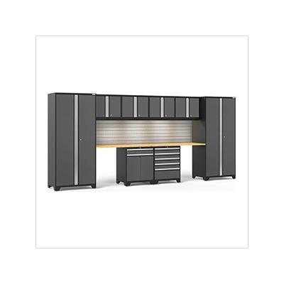 NewAge Garage Cabinets PRO Series Grey 10-Piece Set with Bamboo Top and LED Lights and Slatwall