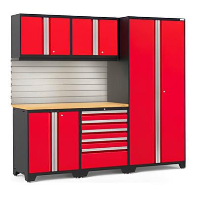 NewAge Garage Cabinets PRO Series Red 6-Piece Set with Bamboo Top, Slatwall and LED Lights