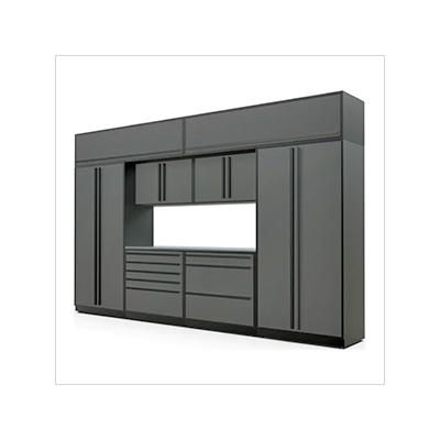 Proslat Garage Cabinets 9-Piece Glossy Grey Cabinet Set with Black Handles and Stainless Steel Worktop