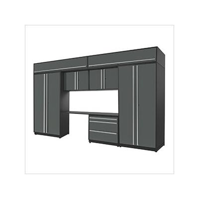 Proslat Garage Cabinets 8-Piece Glossy Grey Cabinet Set with Silver Handles and Powder Coated Worktop