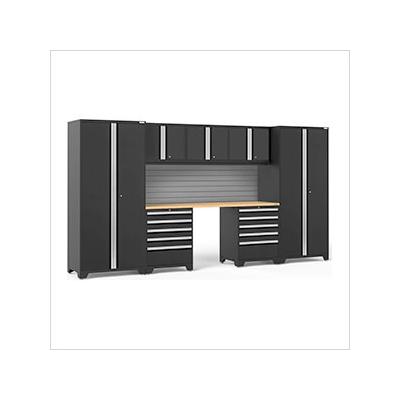 NewAge Garage Cabinets PRO Series Black 8-Piece Set with Bamboo Top and Slatwall