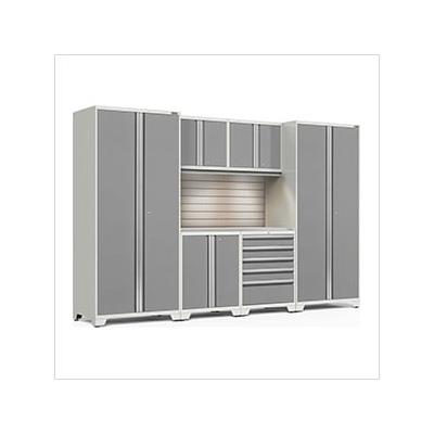 NewAge Garage Cabinets PRO Series Platinum 7-Piece Set with Stainless Top, Slatwall and LED Lights