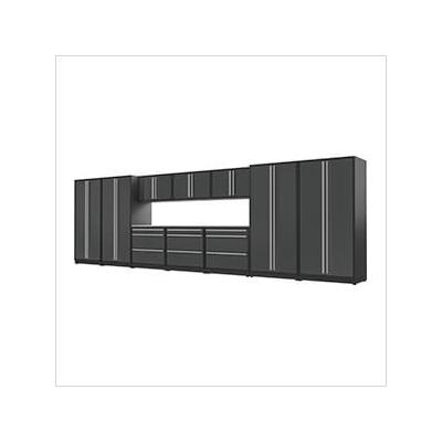Proslat Garage Cabinets 12-Piece Glossy Grey Cabinet Set with Silver Handles and Stainless Steel Worktop