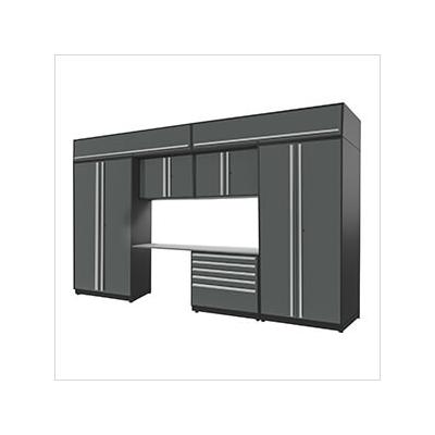 Proslat Garage Cabinets 8-Piece Glossy Grey Cabinet Set with Silver Handles and Stainless Steel Worktop