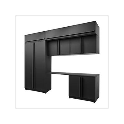 Proslat Garage Cabinets 7-Piece Mat Black Cabinet Set with Black Handles and Powder Coated Worktop