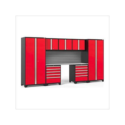 NewAge Garage Cabinets PRO Series Red 8-Piece Set with Stainless Steel Top and Slatwall