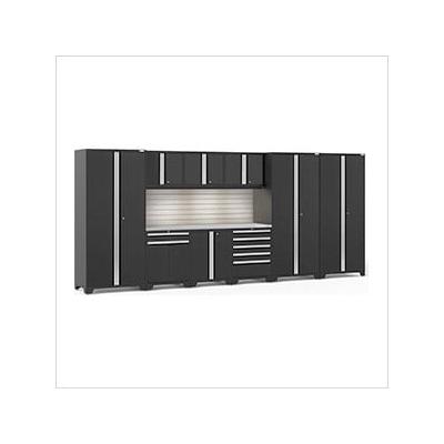 NewAge Garage Cabinets PRO Series Black 10-Piece Set with Stainless Top, Slatwall and LED Lights