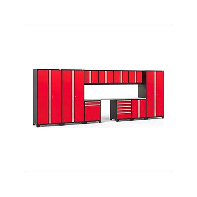 NewAge Garage Cabinets PRO Series Red 12-Piece Set with Stainless Steel Tops and LED Lights