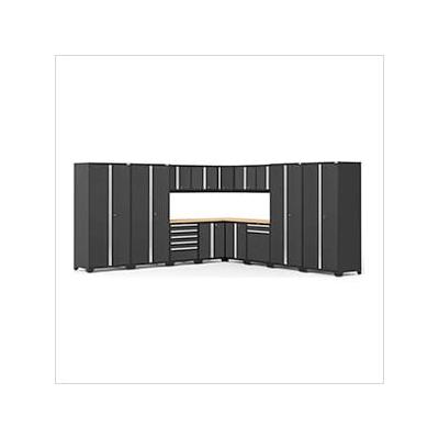 NewAge Garage Cabinets PRO Series Black 16-Piece Corner Set with Bamboo Tops and LED Lights