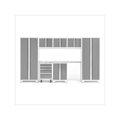 NewAge Garage Cabinets BOLD Series Platinum 8-Piece Set with Stainless Steel Top and LED Lights