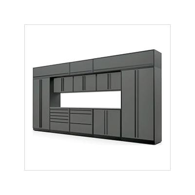 Proslat Garage Cabinets 13-Piece Glossy Grey Cabinet Set with Black Handles and Stainless Steel Worktop