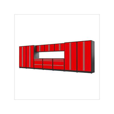 Proslat Garage Cabinets 12-Piece Glossy Red Cabinet Set with Silver Handles and Stainless Steel Worktop