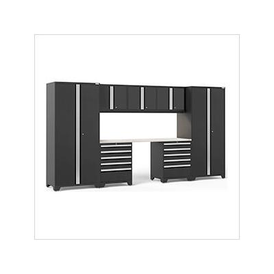 NewAge Garage Cabinets PRO Series Black 8-Piece Set with Stainless Steel Top and LED Lights