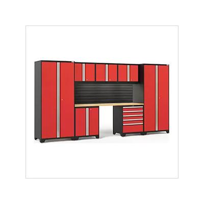 NewAge Garage Cabinets PRO Series Red 8-Piece Set with Bamboo Top, Slatwall and LED Lights