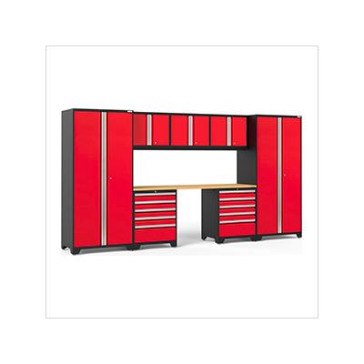 NewAge Garage Cabinets PRO Series Red 8-Piece Set with Bamboo Top and LED Lights