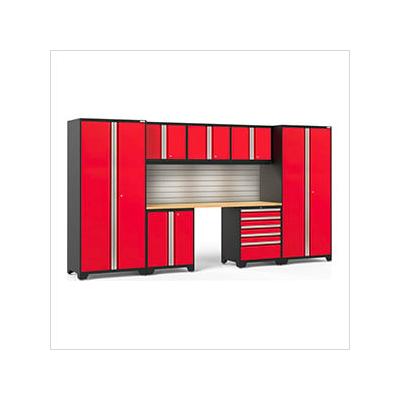 NewAge Garage Cabinets PRO Series Red 8-Piece Set with Bamboo Top, Slatwall and LED Lights