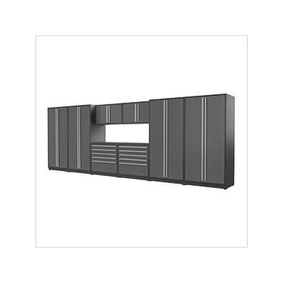 Proslat Garage Cabinets 9-Piece Glossy Grey Cabinet Set with Silver Handles and Powder Coated Worktop