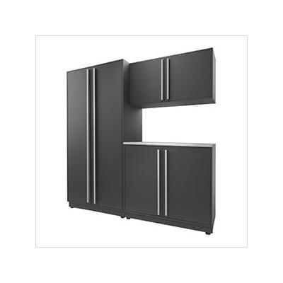 Proslat Garage Cabinets 4-Piece Mat Black Cabinet Set with Silver Handles and Stainless Steel Worktop