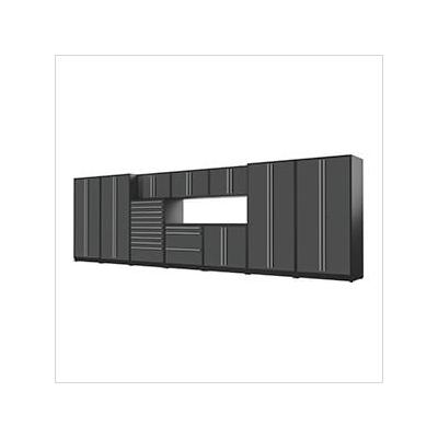 Proslat Garage Cabinets 11-Piece Glossy Grey Cabinet Set with Silver Handles and Powder Coated Worktop