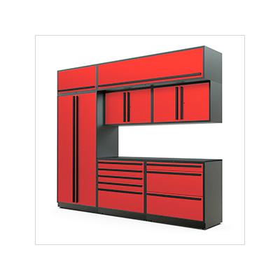Proslat Garage Cabinets 8-Piece Glossy Red Cabinet Set with Black Handles and Powder Coated Worktop