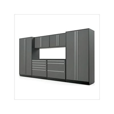 Proslat Garage Cabinets 7-Piece Glossy Grey Cabinet Set with Silver Handles and Powder Coated Worktop