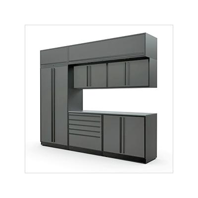 Proslat Garage Cabinets 8-Piece Glossy Grey Cabinet Set with Black Handles and Stainless Steel Worktop