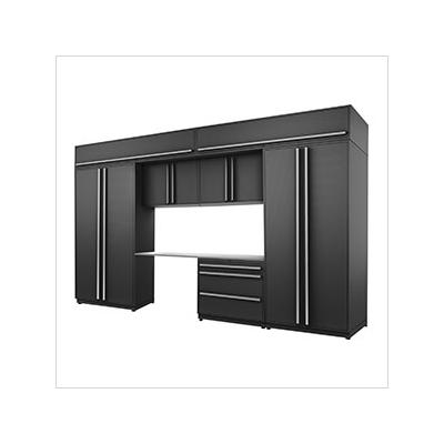Proslat Garage Cabinets 8-Piece Mat Black Cabinet Set with Silver Handles and Stainless Steel Worktop
