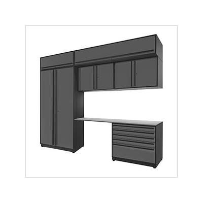 Proslat Garage Cabinets 7-Piece Glossy Grey Cabinet Set with Black Handles and Stainless Steel Worktop