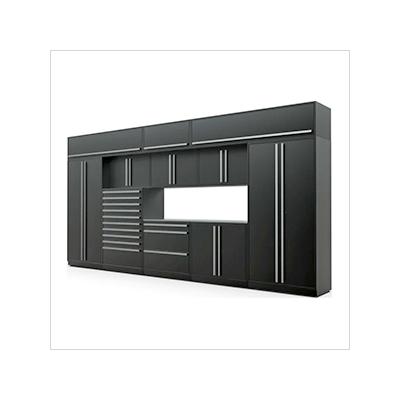 Proslat Garage Cabinets 12-Piece Mat Black Cabinet Set with Silver Handles and Stainless Steel Worktop