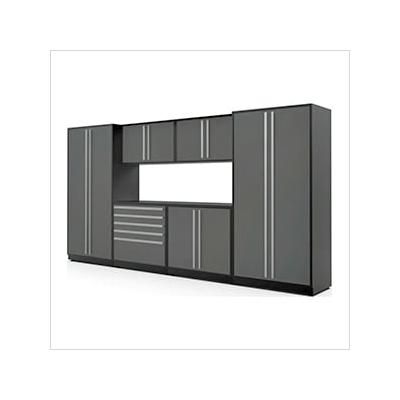 Proslat Garage Cabinets 7-Piece Glossy Grey Cabinet Set with Silver Handles and Powder Coated Worktop