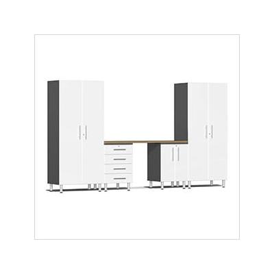 Ulti-MATE Garage Cabinets 5-Piece Garage Cabinet System with Bamboo Worktop in Starfire White Metallic
