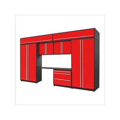 Proslat Garage Cabinets 8-Piece Glossy Red Cabinet Set with Silver Handles and Powder Coated Worktop