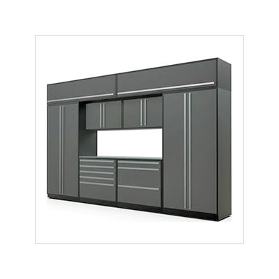 Proslat Garage Cabinets 9-Piece Glossy Grey Cabinet Set with Silver Handles and Stainless Steel Worktop