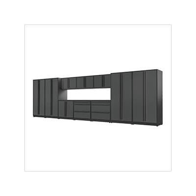 Proslat Garage Cabinets 12-Piece Glossy Grey Cabinet Set with Black Handles and Powder Coated Worktop