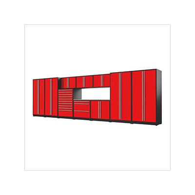 Proslat Garage Cabinets 11-Piece Glossy Red Cabinet Set with Silver Handles and Stainless Steel Worktop