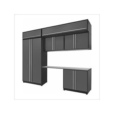 Proslat Garage Cabinets 7-Piece Glossy Grey Cabinet Set with Silver Handles and Stainless Steel Worktop