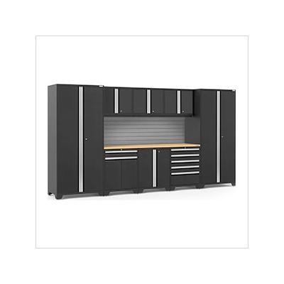 NewAge Garage Cabinets PRO Series Black 9-Piece Set with Bamboo Top and Slatwall