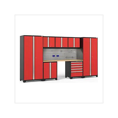 NewAge Garage Cabinets PRO Series Red 8-Piece Set with Bamboo Top, Slatwall Hook Kit and LEDs