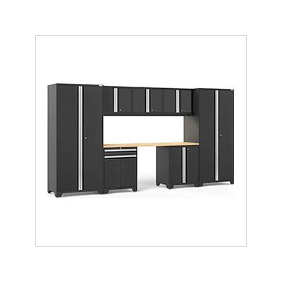 NewAge Garage Cabinets PRO Series Black 8-Piece Set with Bamboo Top and LED Lights