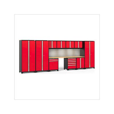NewAge Garage Cabinets PRO Series Red 12-Piece Set with Bamboo Tops, Slatwall and LED Lights