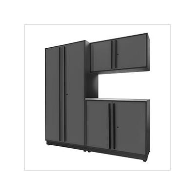 Proslat Garage Cabinets 4-Piece Glossy Grey Cabinet Set with Black Handles and Stainless Steel Worktop